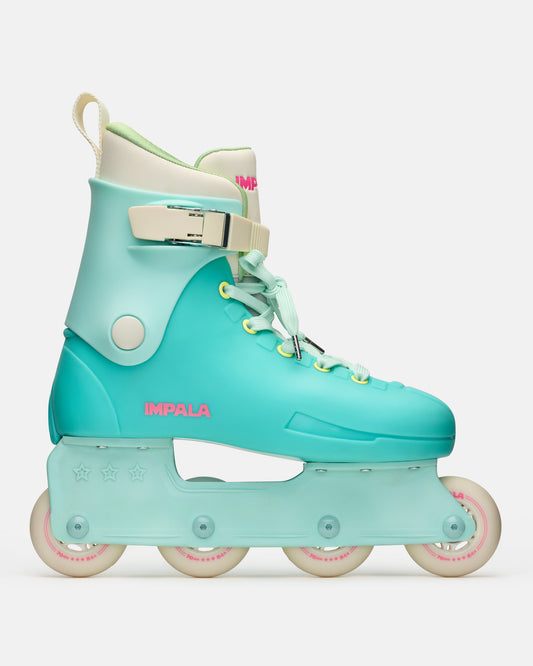 Turquoise inline skate with white wheels on a white background