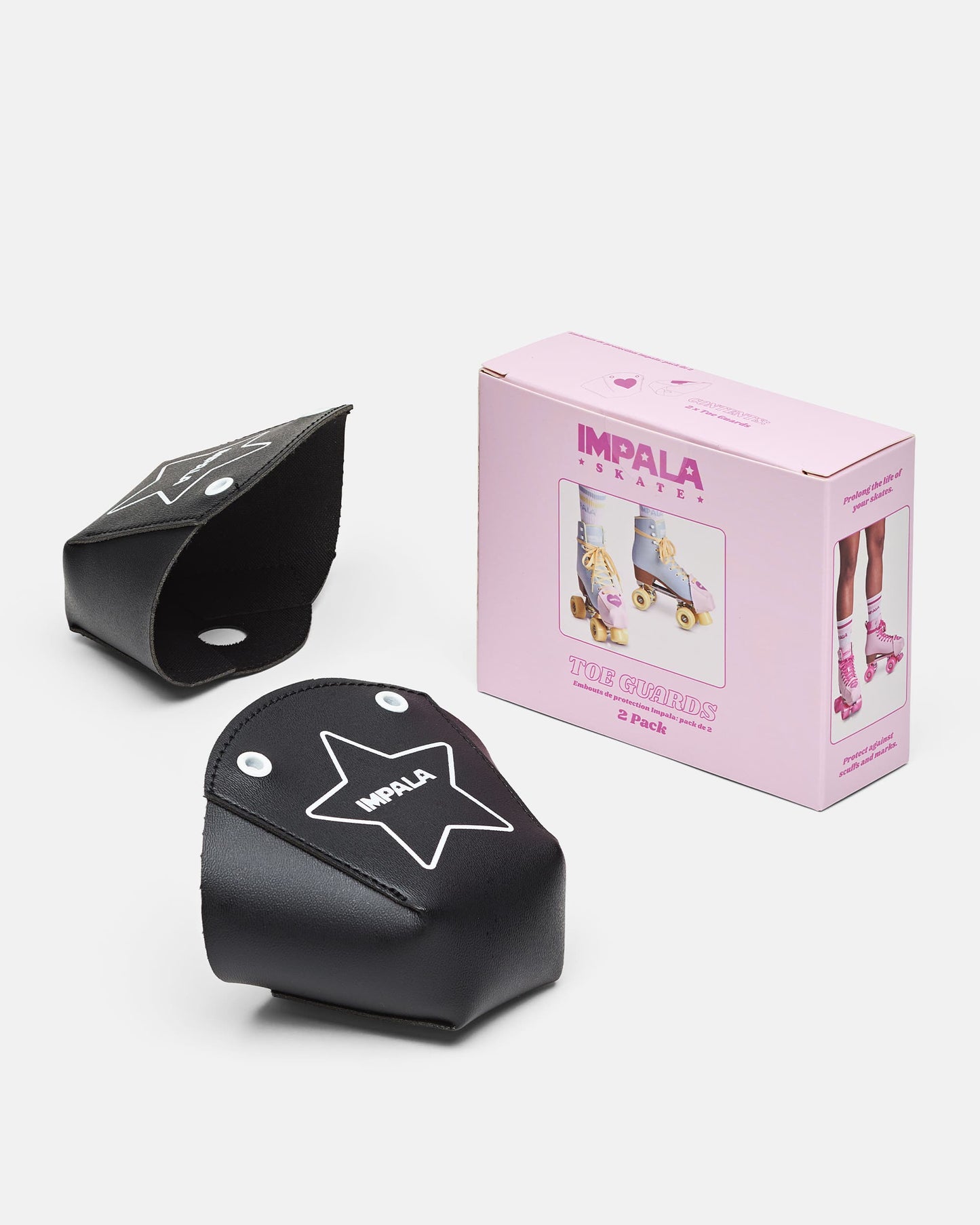 top angled view of the Impala Toe Guard 2pk - Black and the packaging