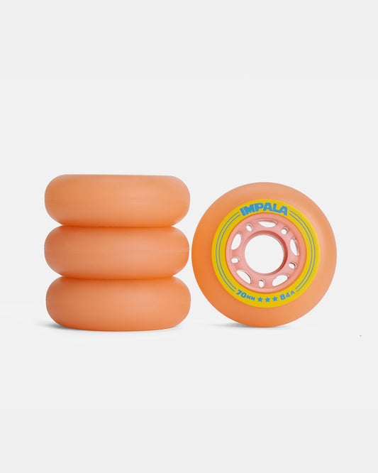 stack of Impala Inline Skate Wheels Pink/Yellow