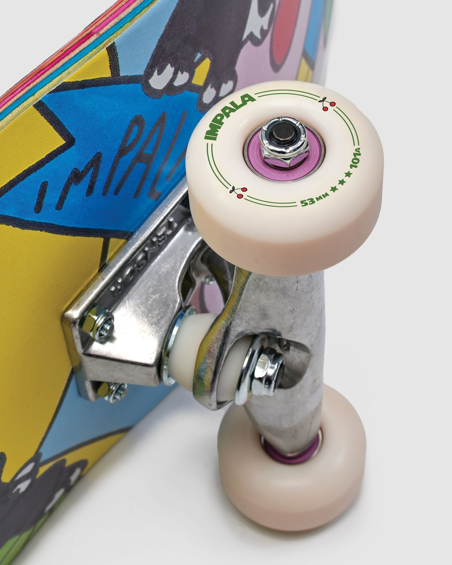 Wheel and bearing detailing of Impala Serpens Skateboard - Art Baby Girl