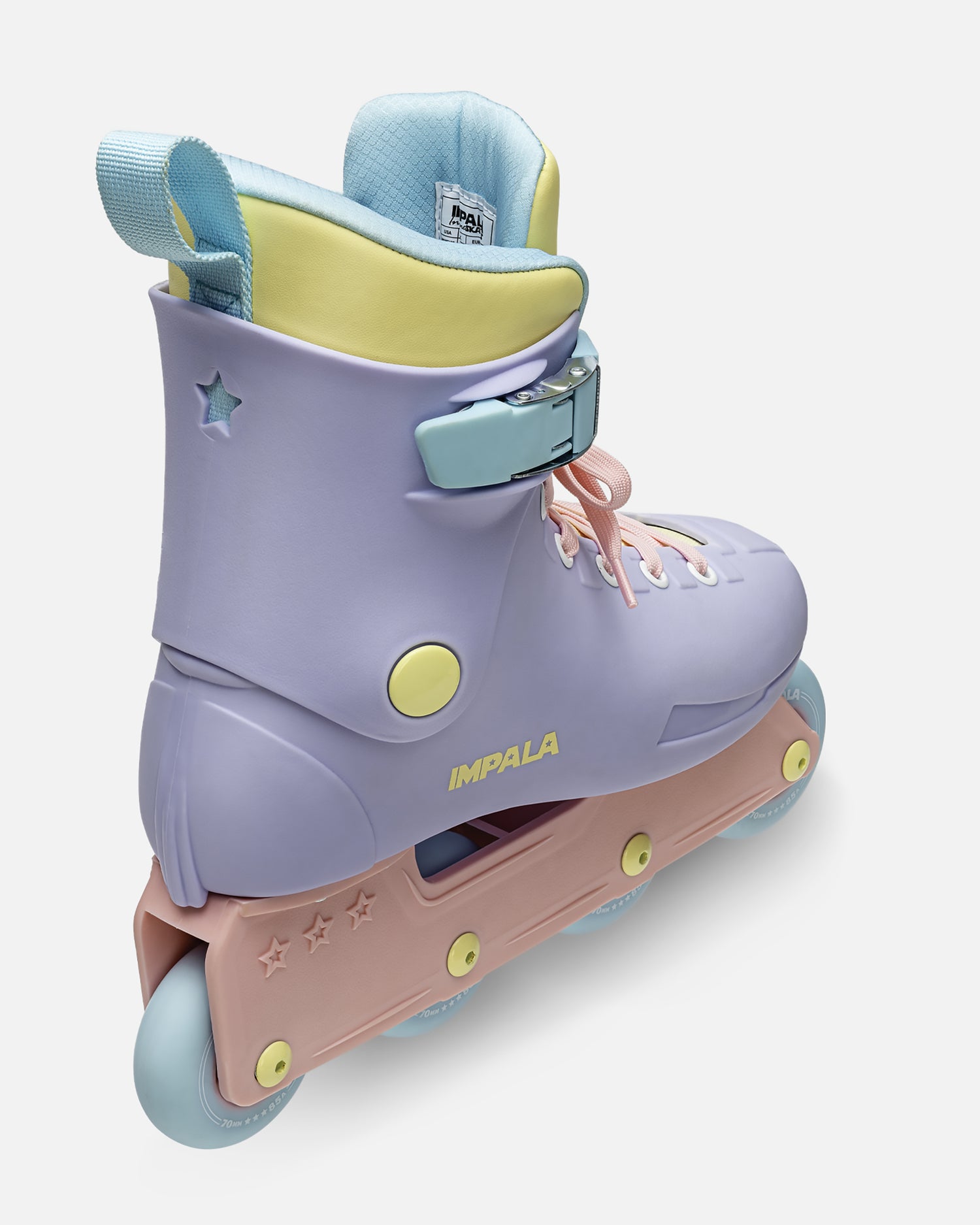 Rear view of pastel Impala Lightspeed skate showing lavender boot back, blue pull loop, and pale yellow inner panel
