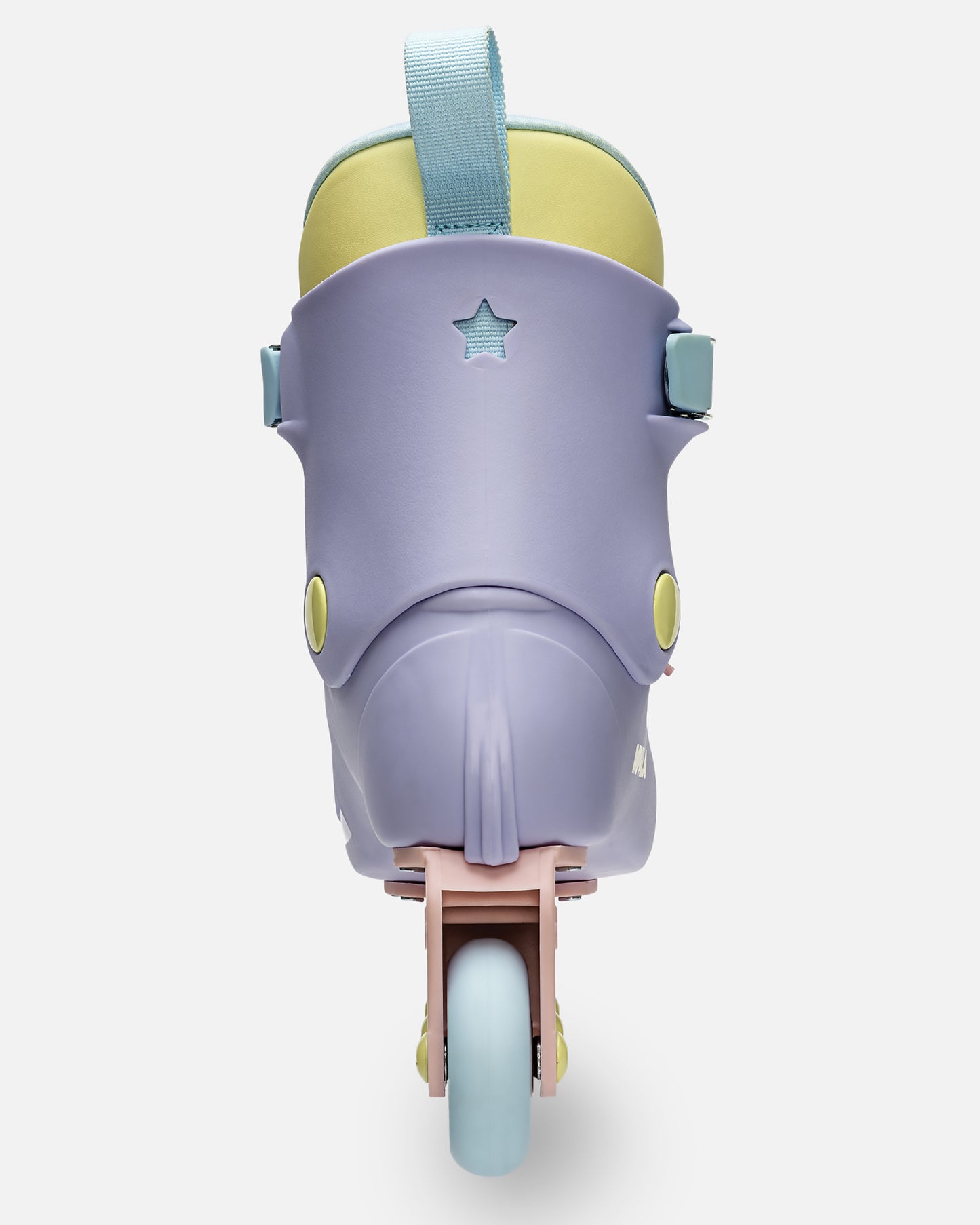 Back view of pastel lavender Impala Lightspeed inline skate with star cutout on the back and light blue pull strap