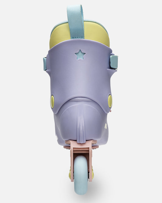 Back view of pastel lavender Impala Lightspeed inline skate with star cutout on the back and light blue pull strap