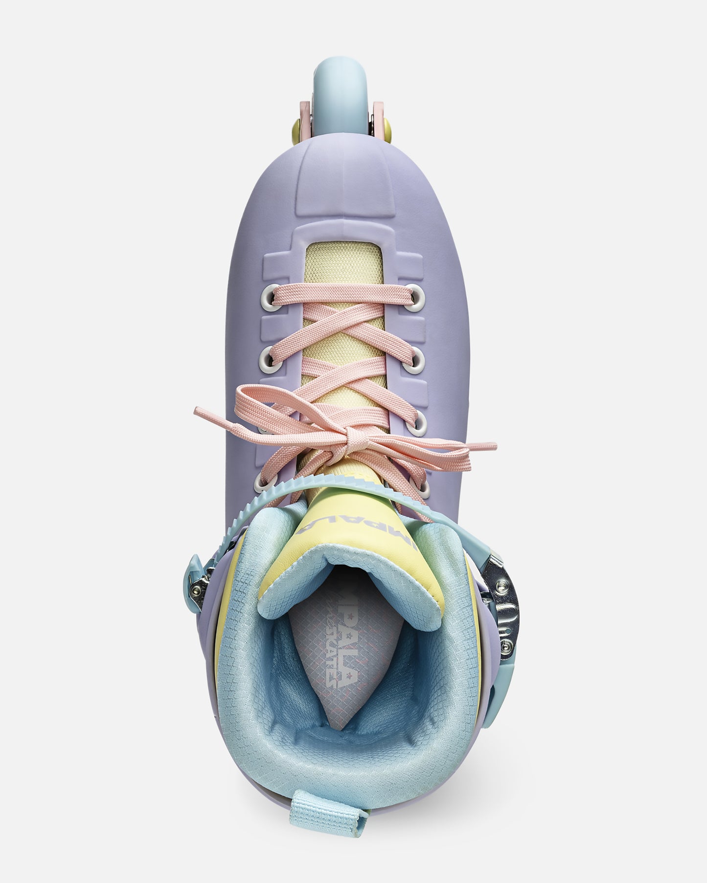 Top-down view of a pastel lavender Impala Lightspeed inline skate with pink laces and pale blue wheels