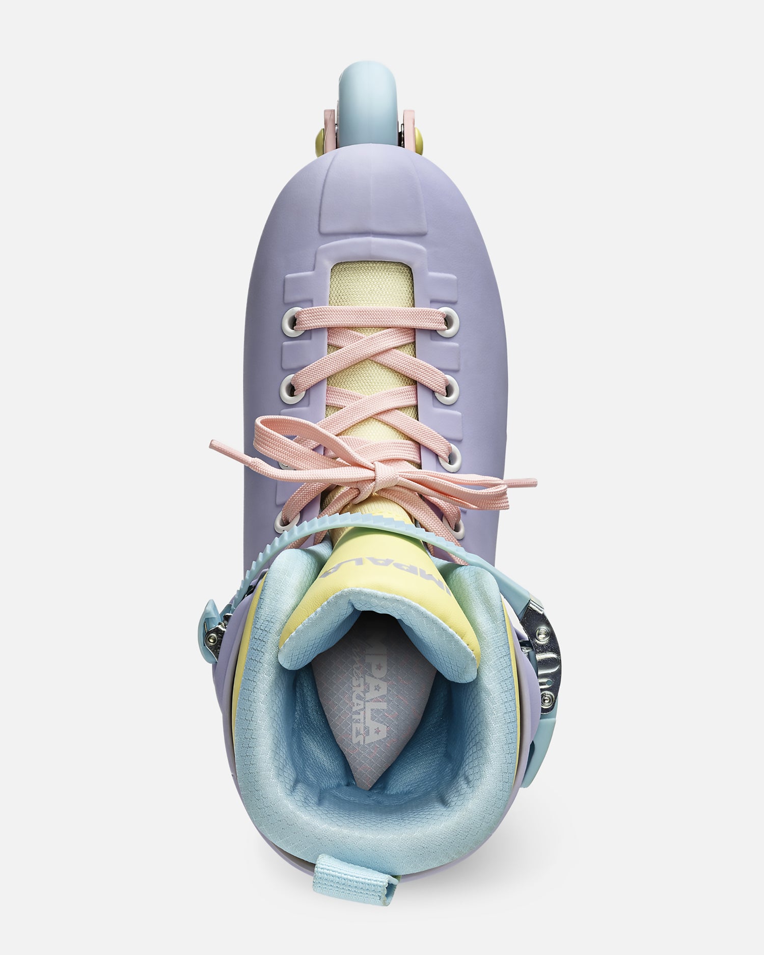 Top-down view of a pastel lavender Impala Lightspeed inline skate with pink laces and pale blue wheels