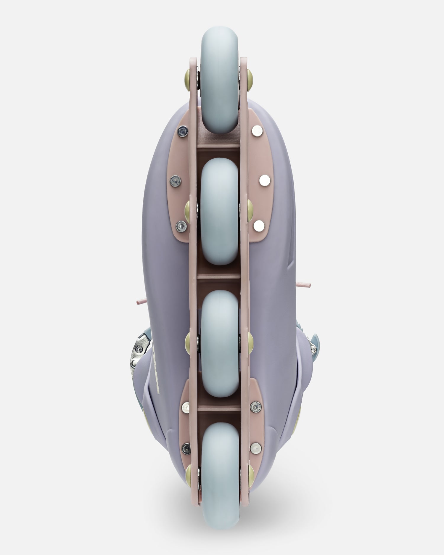 Top-down view of a pastel lavender Impala Lightspeed inline skate with a pink frame and light blue wheels