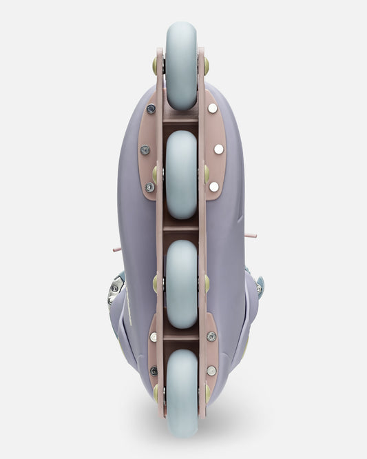 Top-down view of a pastel lavender Impala Lightspeed inline skate with a pink frame and light blue wheels