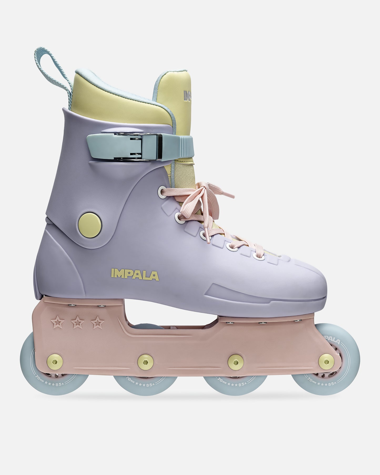 Fairy Floss inline skate ankle area in pastel purple with yellow cuff blue buckle and pink laces.