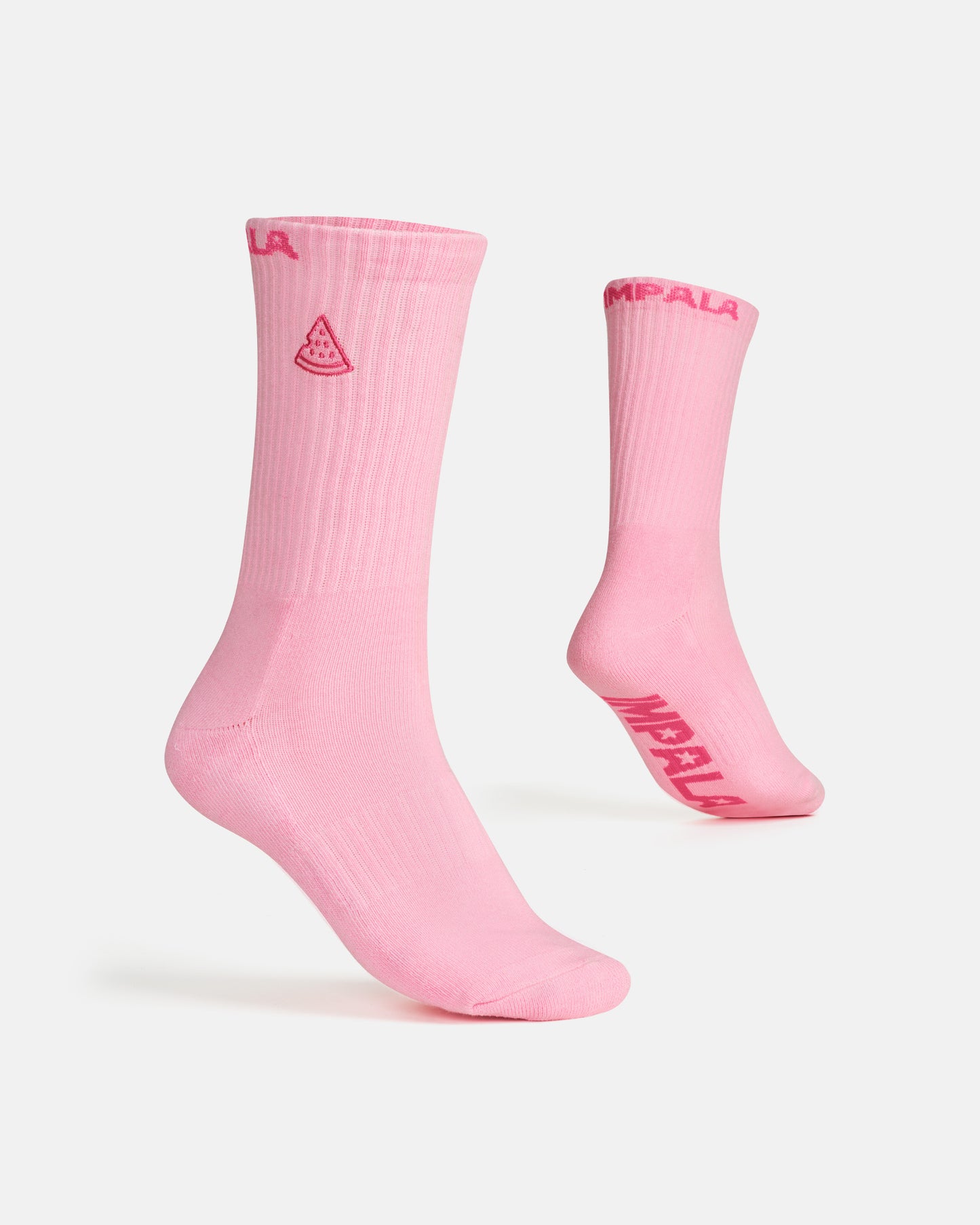 Pink socks with a logo on a white background