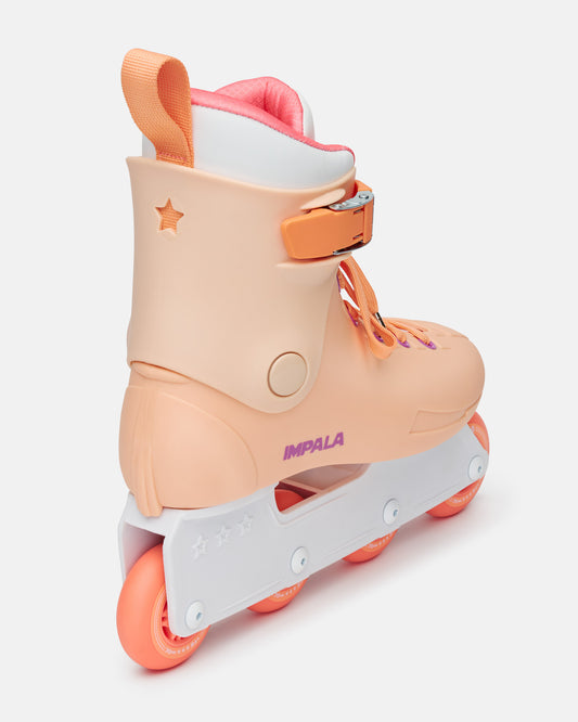 Back angled view of the Impala Lightspeed Inline Skate - Apricot. 