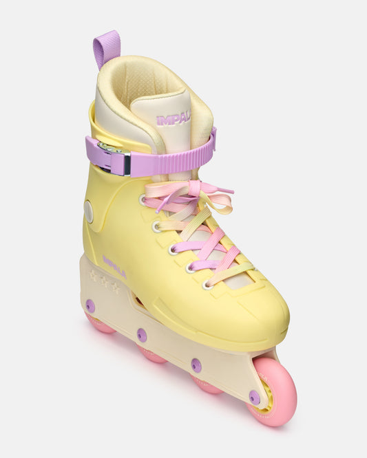Angled front view of the Impala Lightspeed Inline Skate - Buttercup Yellow. 