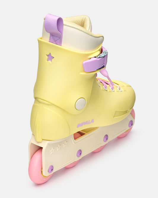 Angled back view of the Impala Lightspeed Inline Skate - Buttercup Yellow. 