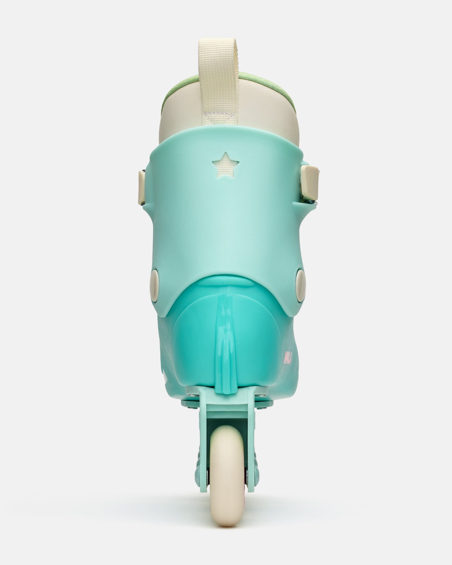 Turquoise and green inline skate with white accents on a light gray background