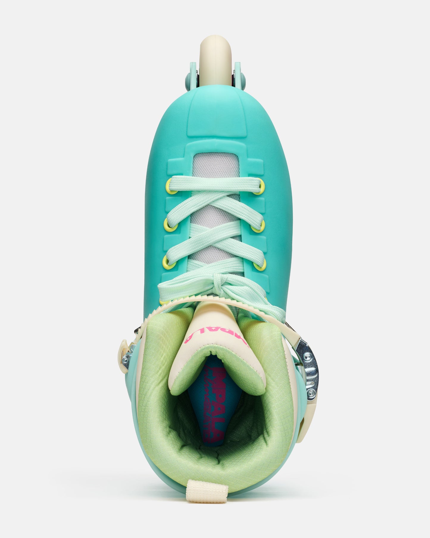 Turquoise and green inline skate with white accents on a light gray background