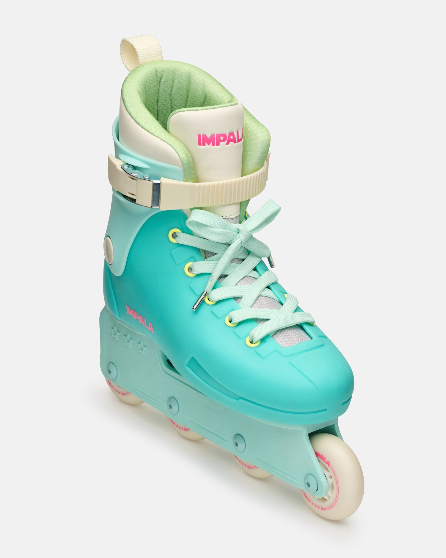 Turquoise and green inline skate with white accents on a light gray background