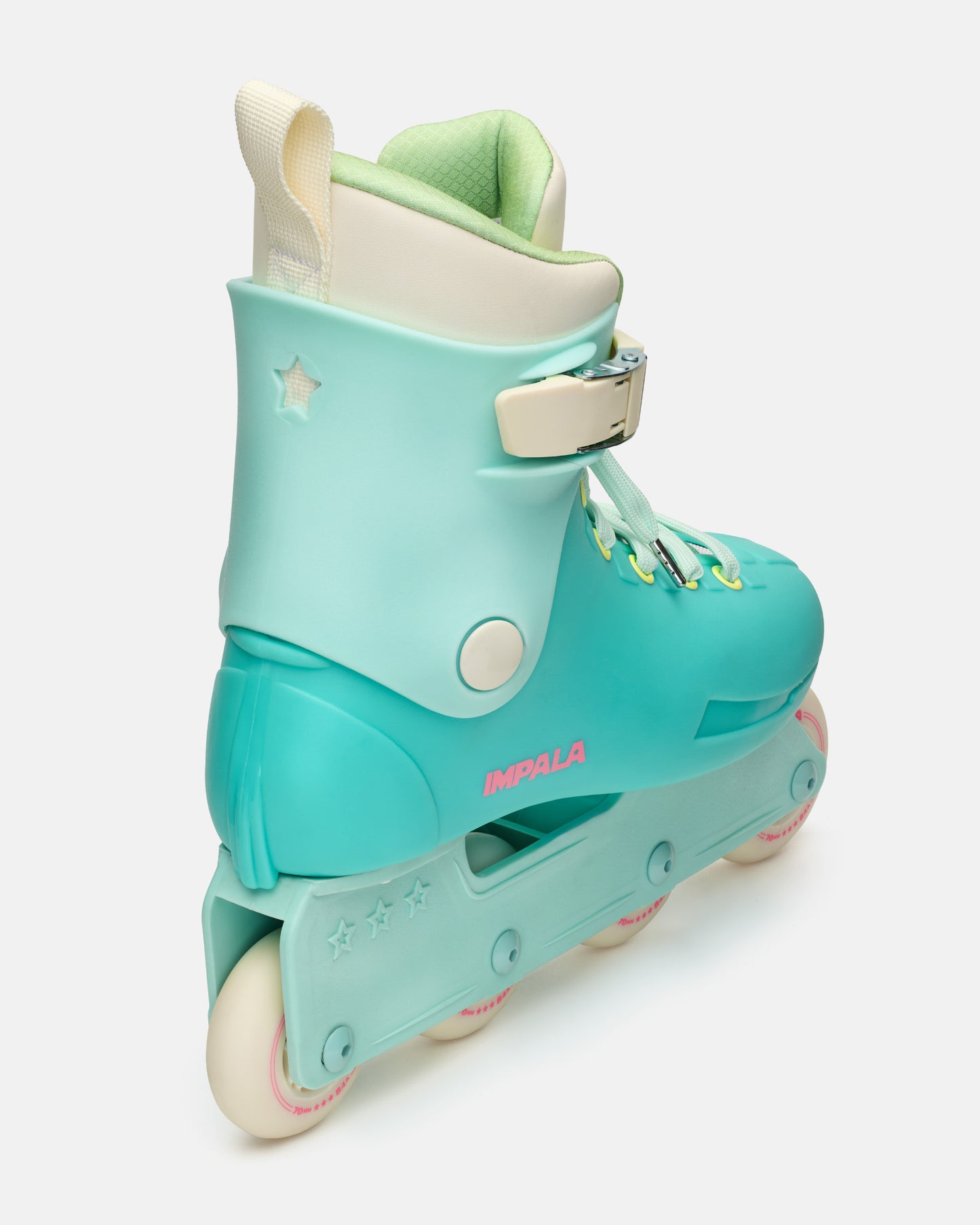 Turquoise and green inline skate with white accents on a light gray background