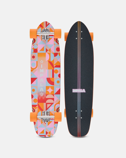 Impala Sirena Longboard Geometric pair; left colorful geometric deck with orange wheels, right dark deck with pink stripes