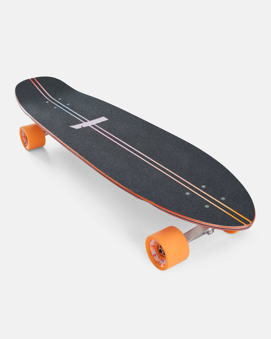 Close up of dark top Impala Sirena Longboard showing pink stripes and grip tape