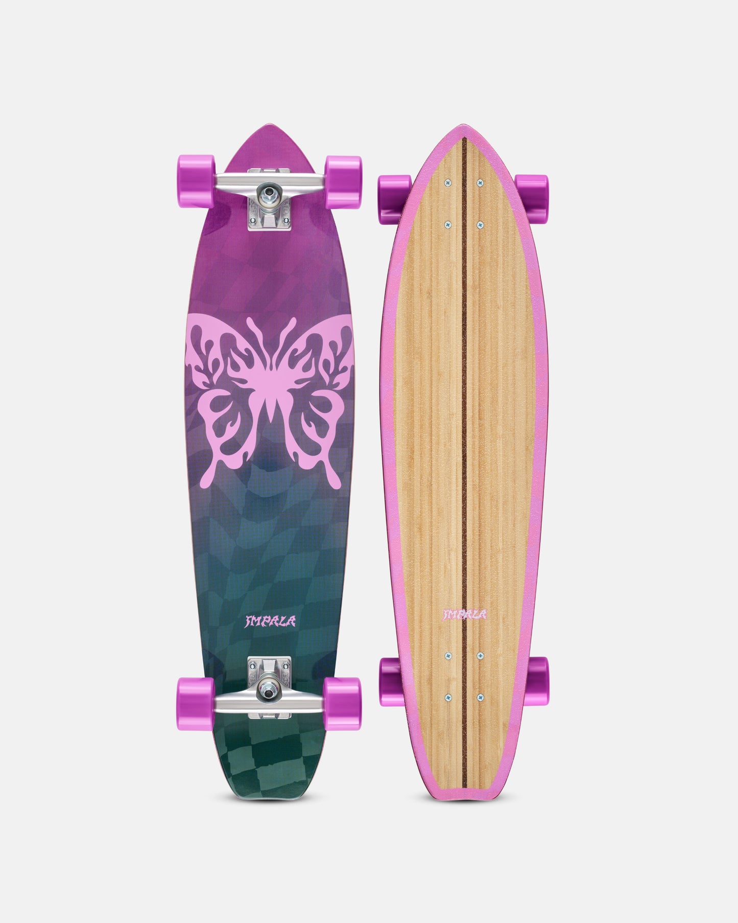 Pair of Impala Zeina longboards with purple pattern and bamboo deck with pink trim and wheels