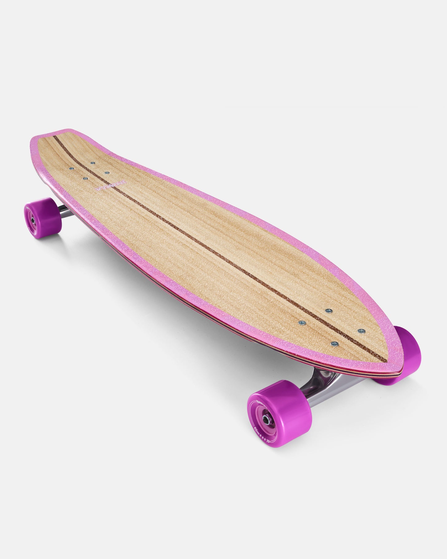 Close up of bamboo Zeina longboard deck with pink border and purple wheels