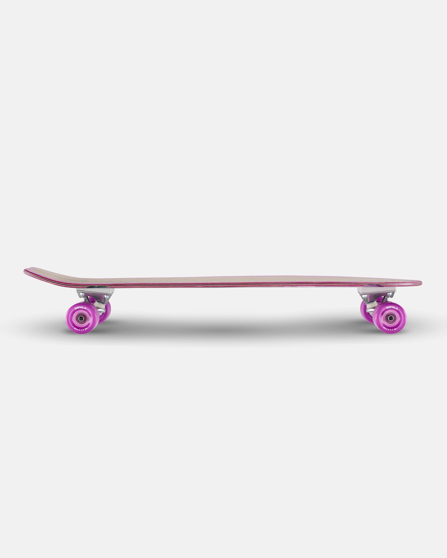 Longboard shown flat with bamboo deck pink border and purple wheels on white background