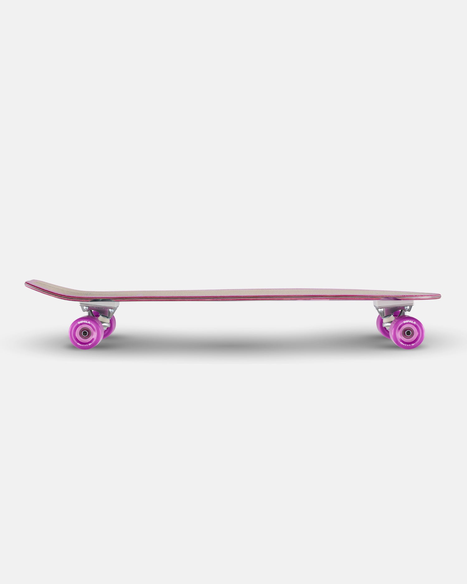 Longboard shown flat with bamboo deck pink border and purple wheels on white background