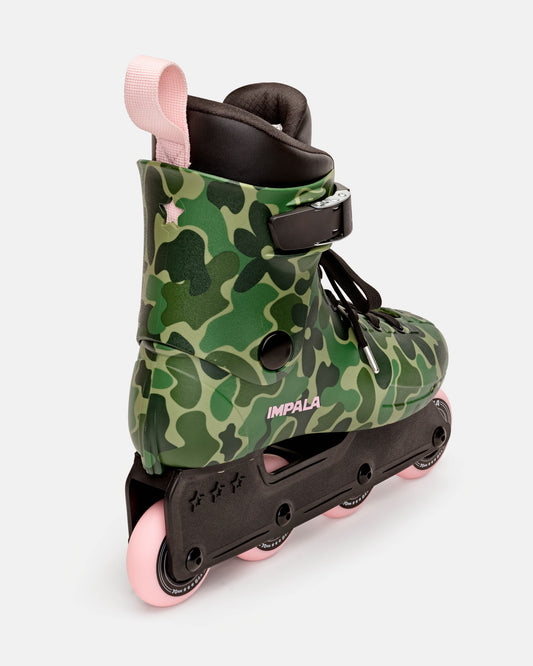 Angled front view of the Impala Lightspeed Inline Skate - Camo. 