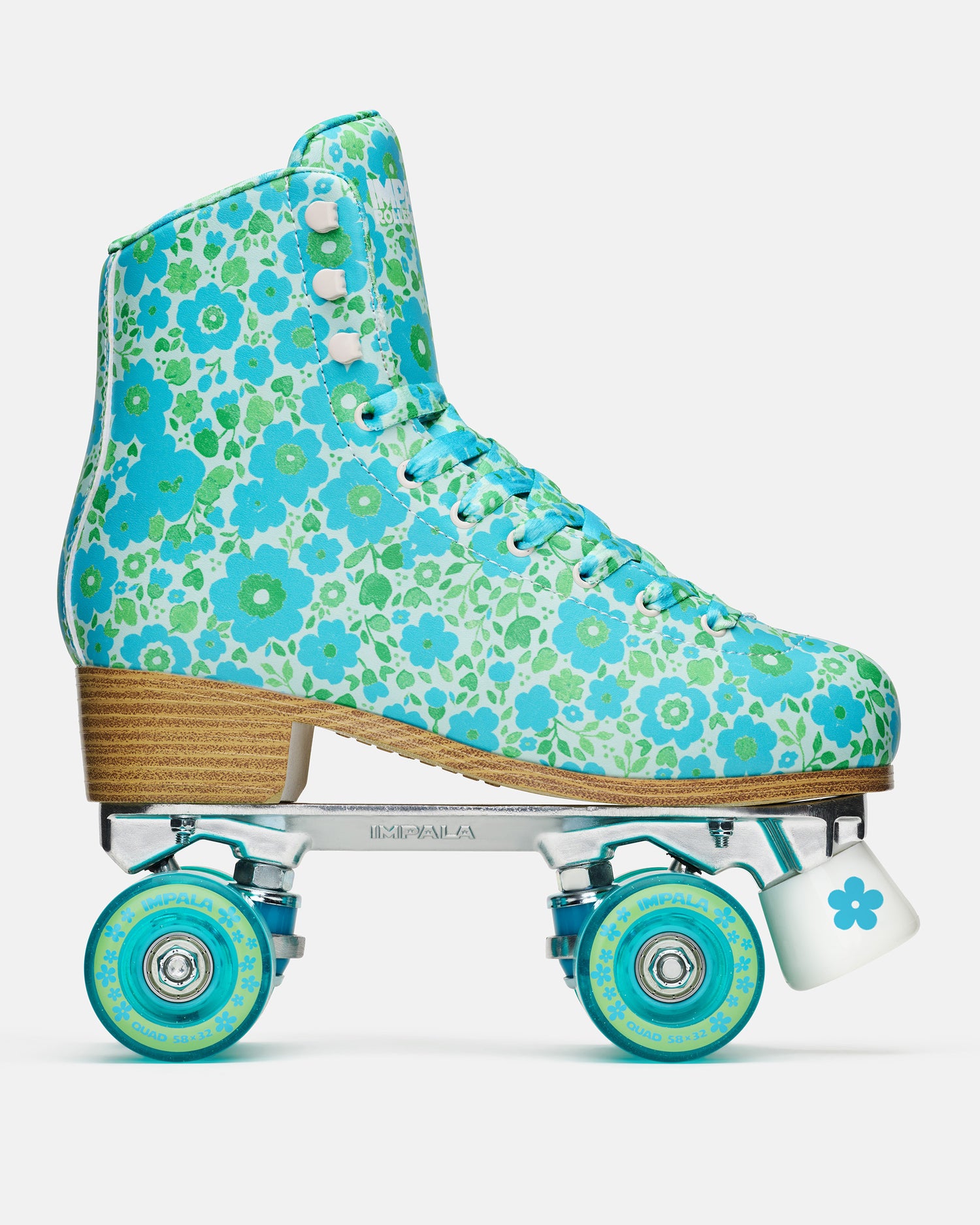 Floral-patterned roller skate on a white background