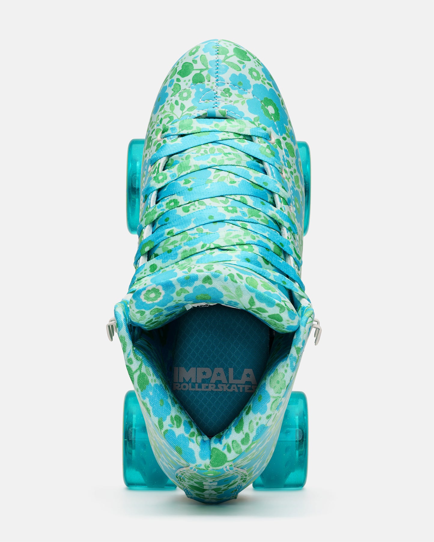 Blue floral-patterned roller skate with clear wheels on a white background