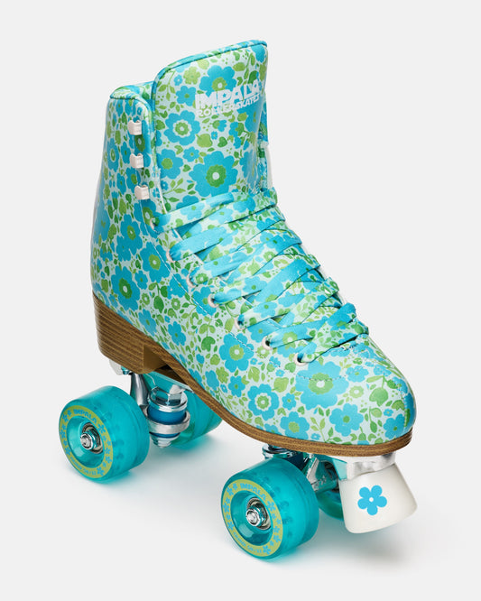 Floral-patterned roller skate with blue wheels on a white background