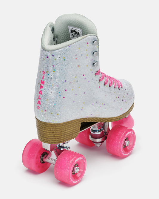 Angled back view of the Impala Quad Skate - Confetti. 