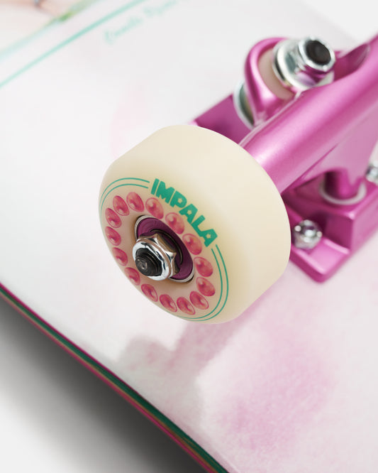 Detail wheel view of the Impala Naiad Skateboard - Wen/Rose. 