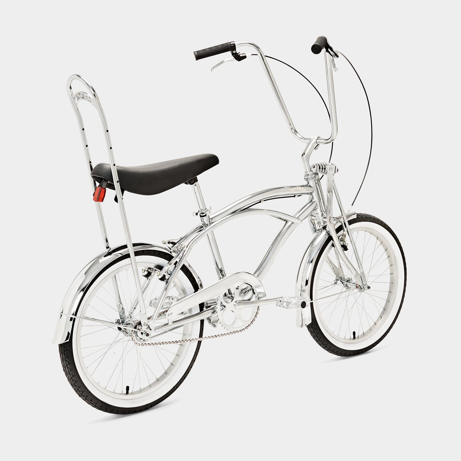 Back angled view of the Milkbar Bikes Sugar High 20" - Icy Chrome