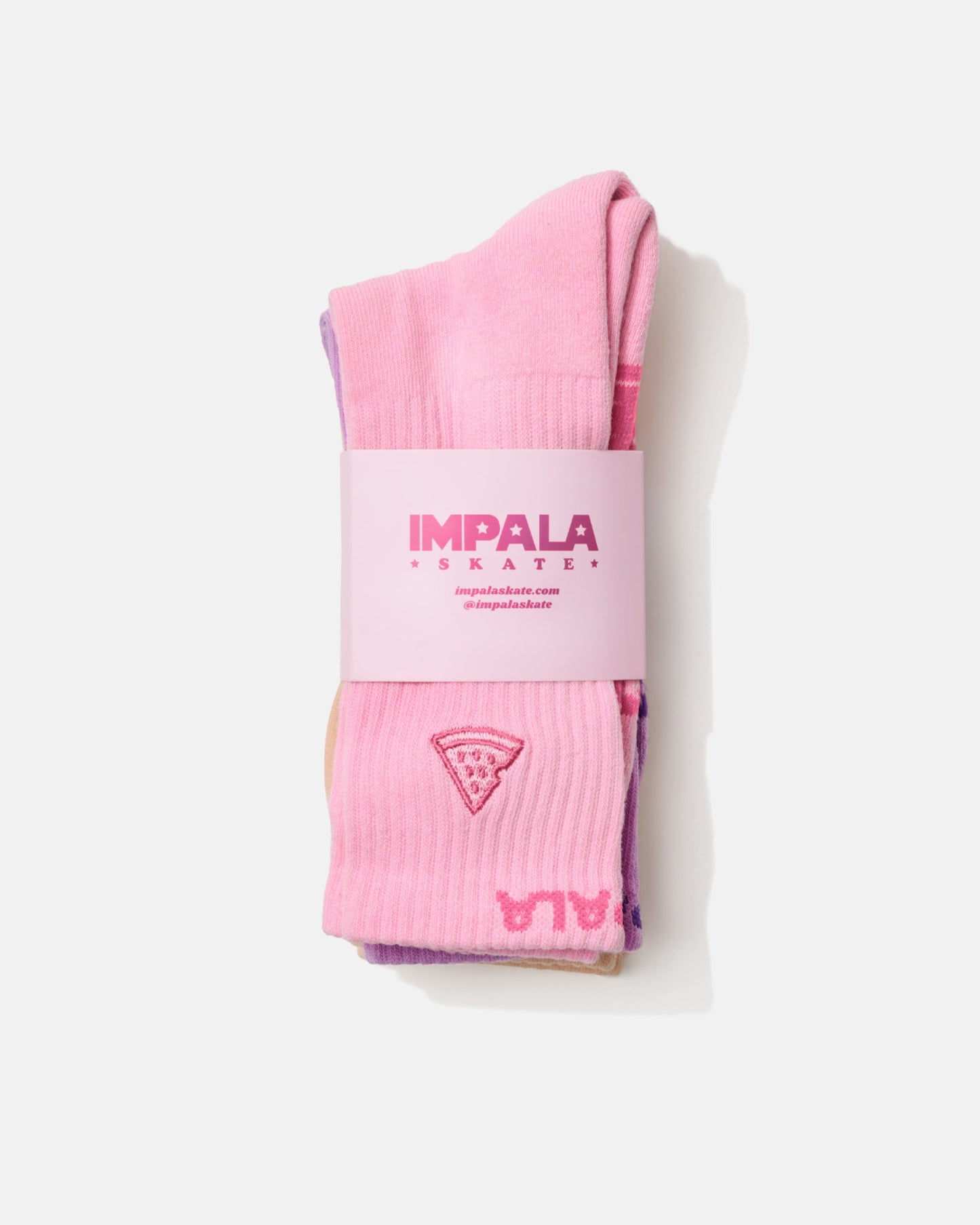 Pink socks with a visible brand label on a white background