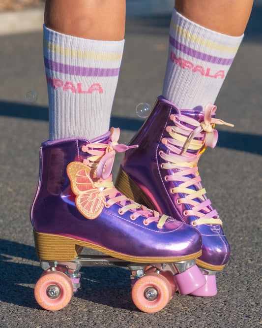 On body front view of the Impala Stripe Sock 3pk - Petal.