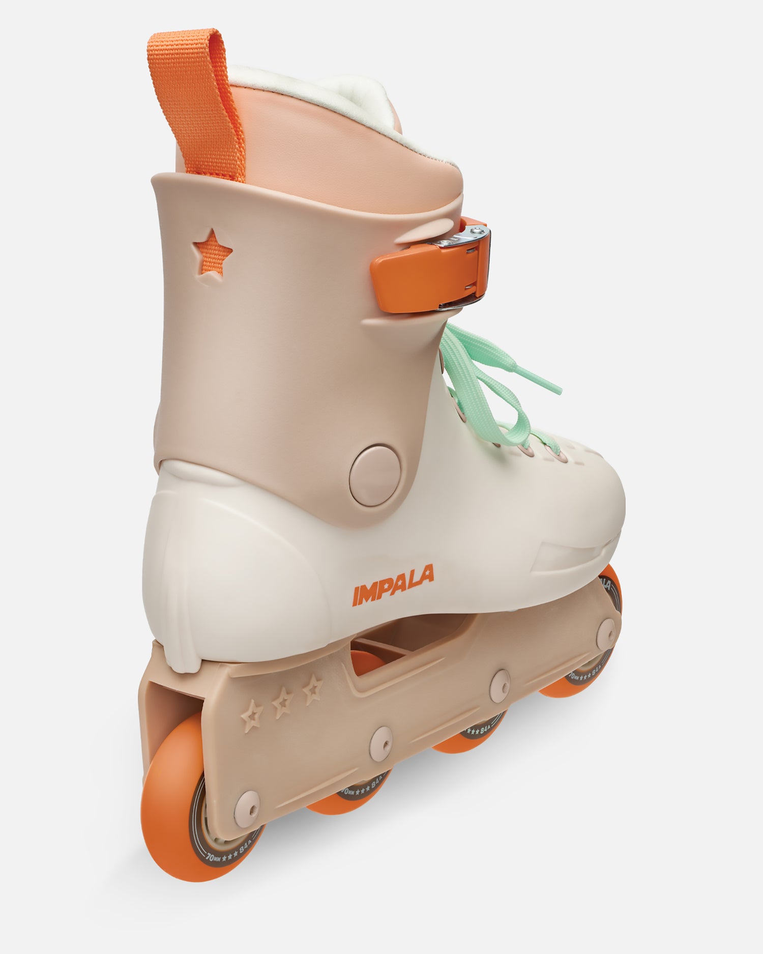 Rear view of Sahara inline skate boot with orange pull tab, peach shell, side buckle, and star heel detail.