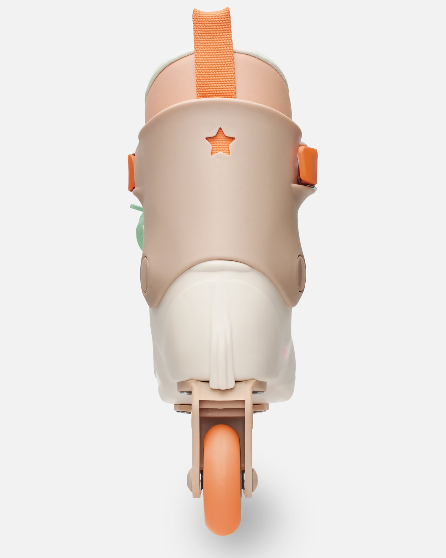 Top rear angle of Sahara inline skate showing peach boot, orange strap, mint laces, and star cutout on the heel.