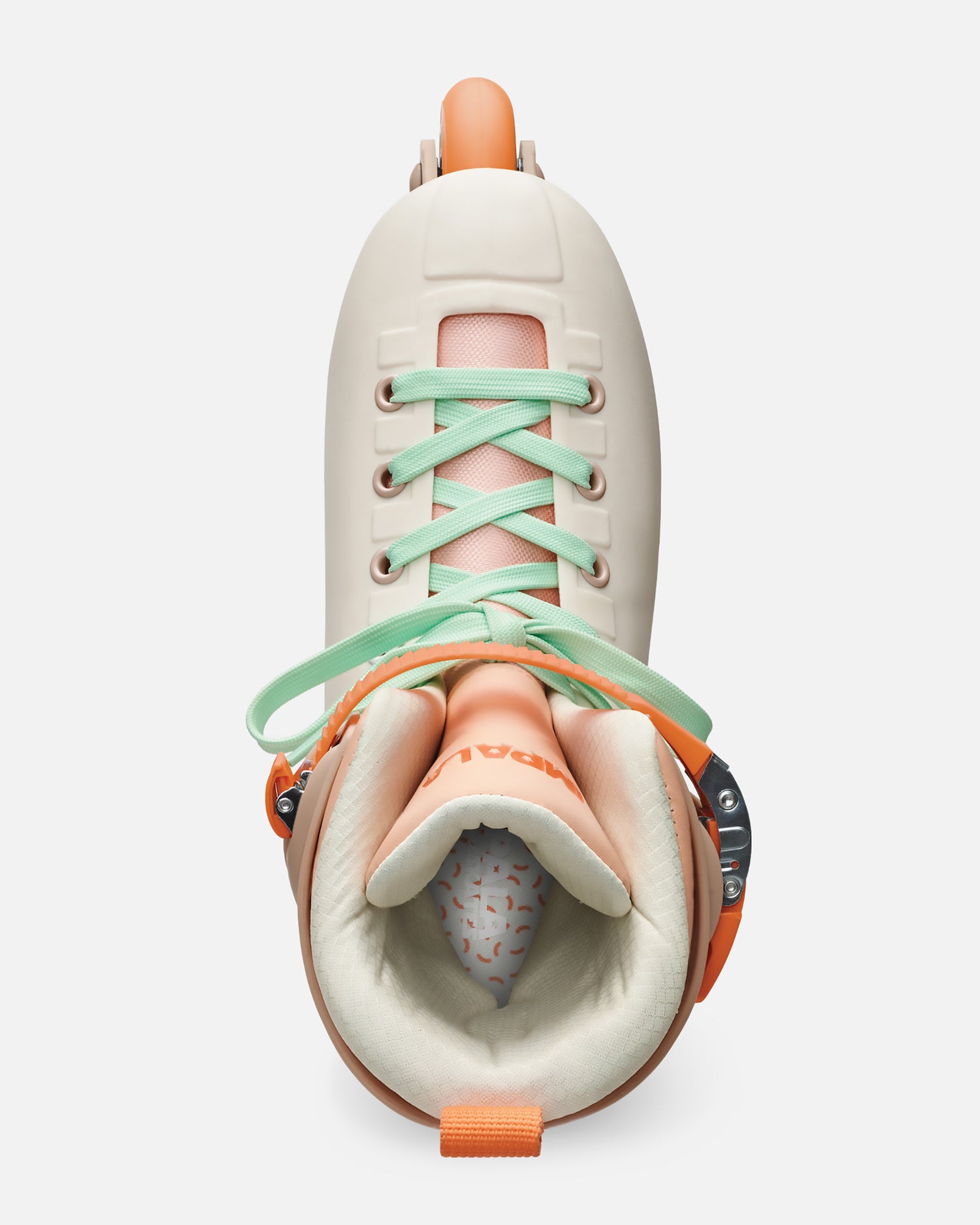 Top view of Sahara inline skate showing a cream boot with mint green laces and peach tongue