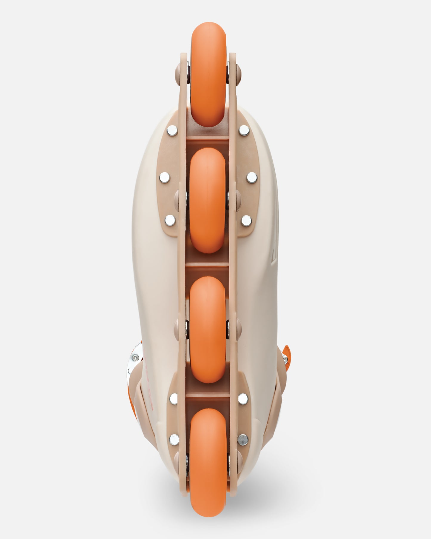 Overhead view of Sahara inline skate with orange wheels along the center frame