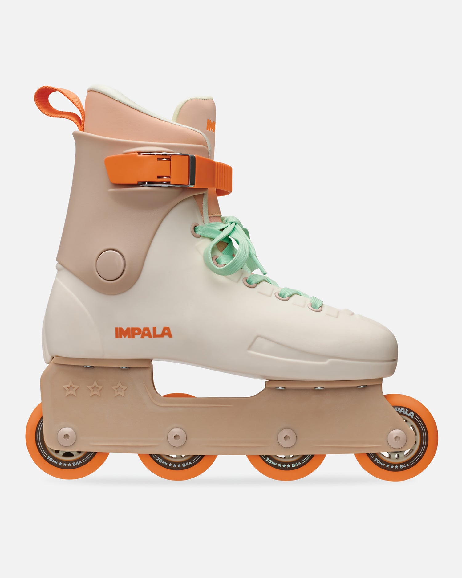 Side view of Sahara Lightspeed inline skate in tan with orange wheels and strap