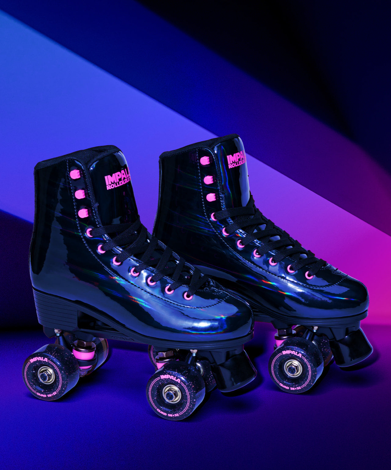 Impala Black Holographic quad roller skates hero shot 