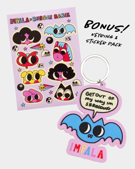 Product image of bonus key ring and sticker pack. 