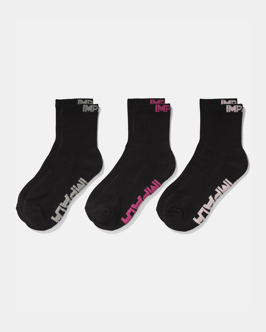 3 pair of black Impala Everyday Sock showing grey, pink, and white logo