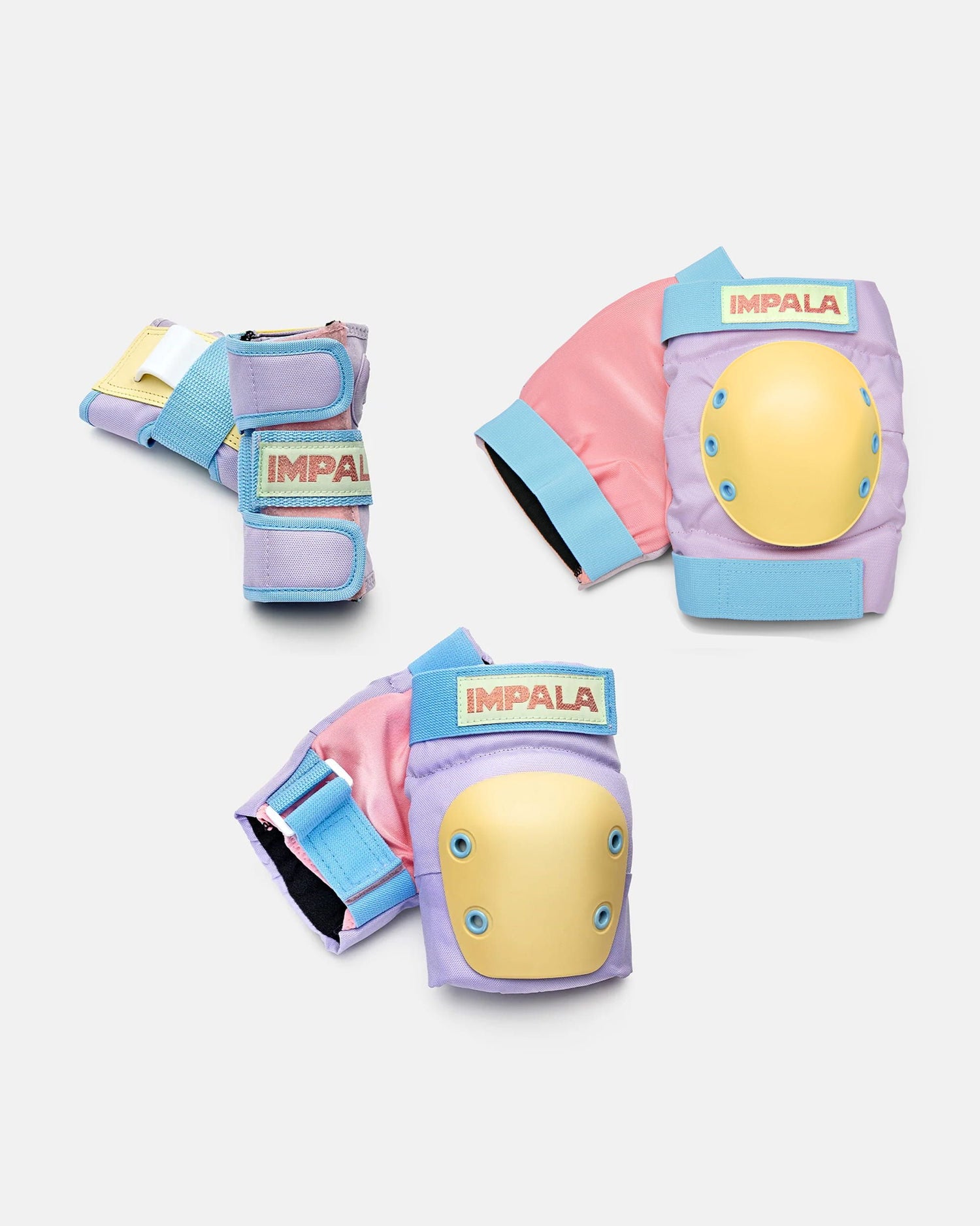 Front view of wrist guard, knee pads, and elbow pads of Impala Protective Set - Pastel Block