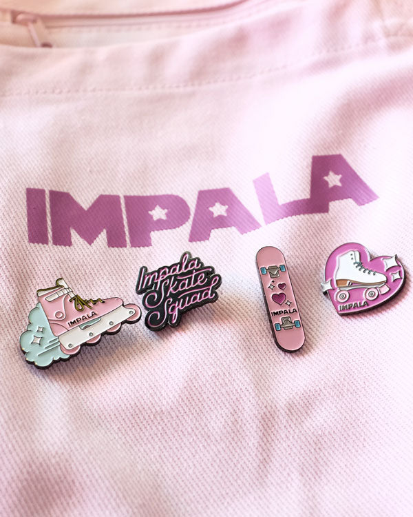 4 different styles included in the Impala Skate Enamel Pin Pack