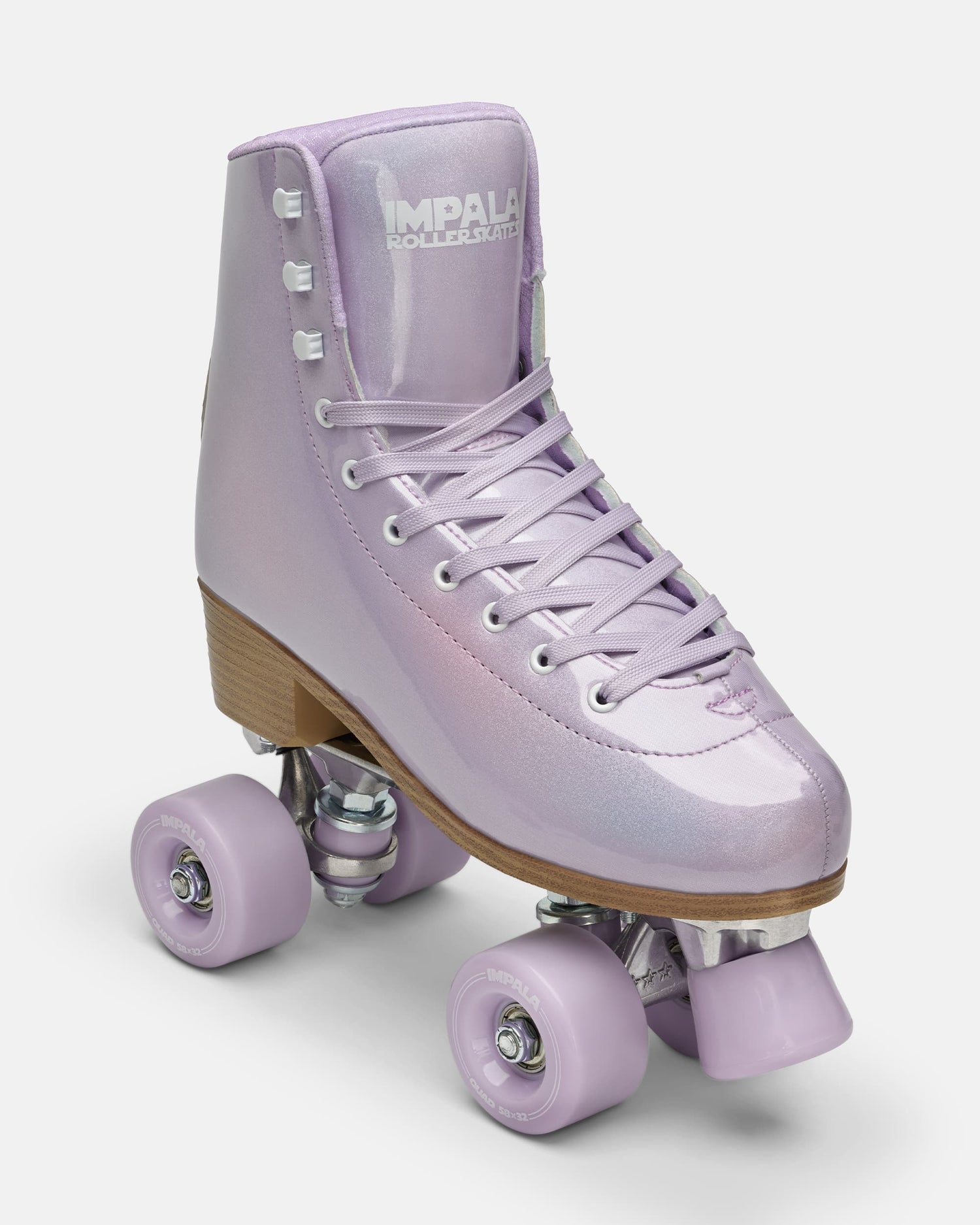 front angled view of the Impala Quad Skate - Lilac Glitter