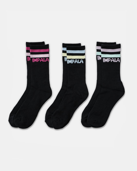 Three color variations of Impala Stripe Sock 3pk - Black