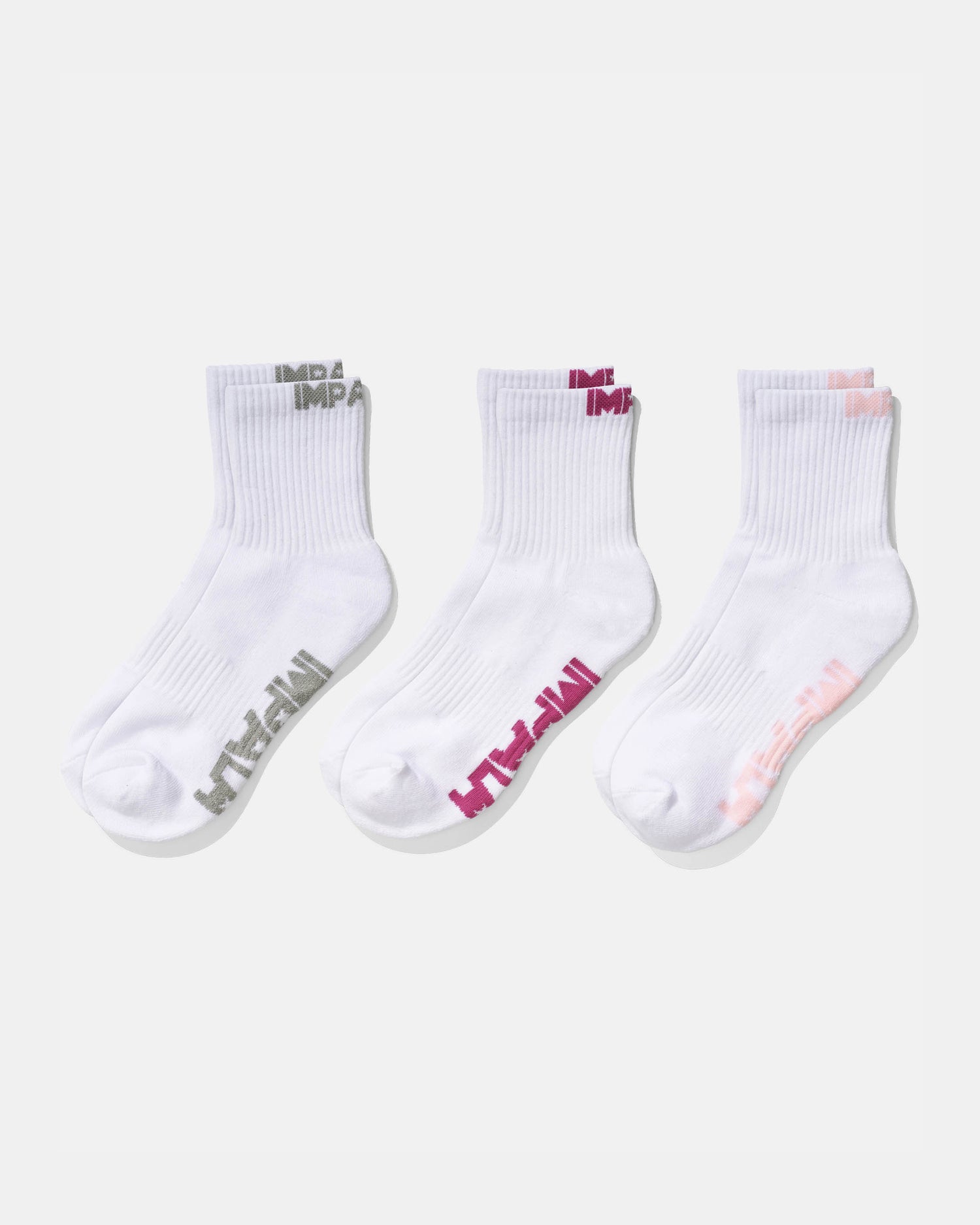 3 pair of White Impala Everyday Sock showing grey, maroon and peach logo