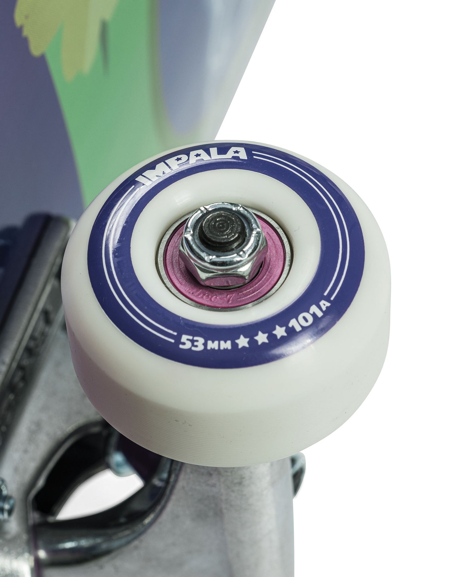 Wheel and bearing detailing of Impala Mystic Skateboard - Pea The Feary