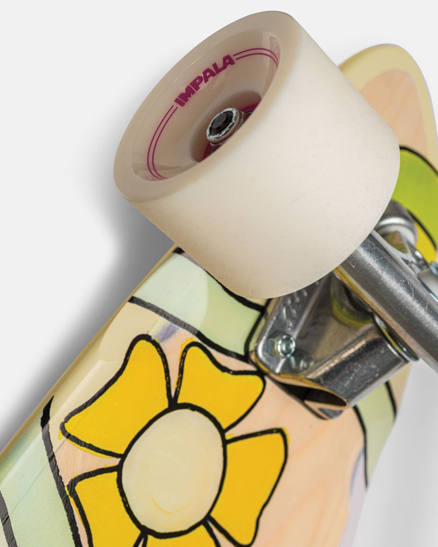 Wheel and graphic detailing of Impala Jupiter Longboard - Birdy Floral